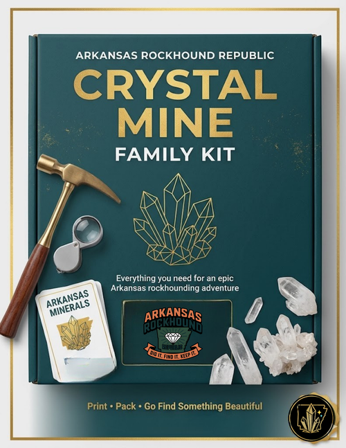 Arkansas Rockhound Republic Crystal Mine Family Kit with crystal, hammer, and magnifying glass on a green background