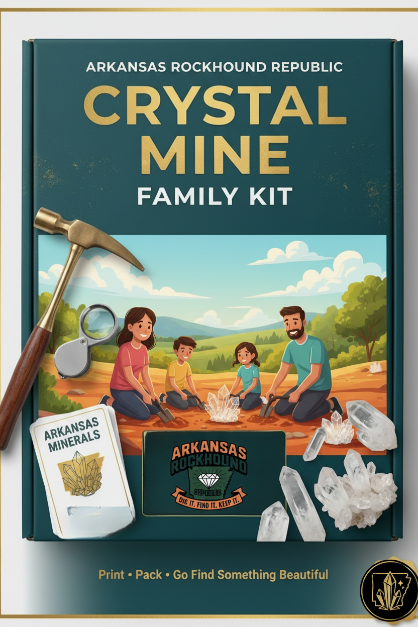 Arkansas Rockhound Republic Crystal Mine Family Kit with crystal, hammer, and magnifying glass on a green background