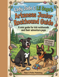 Book cover of 'Arkansas Junior Rockhound Guide' featuring two dogs and a landscape.