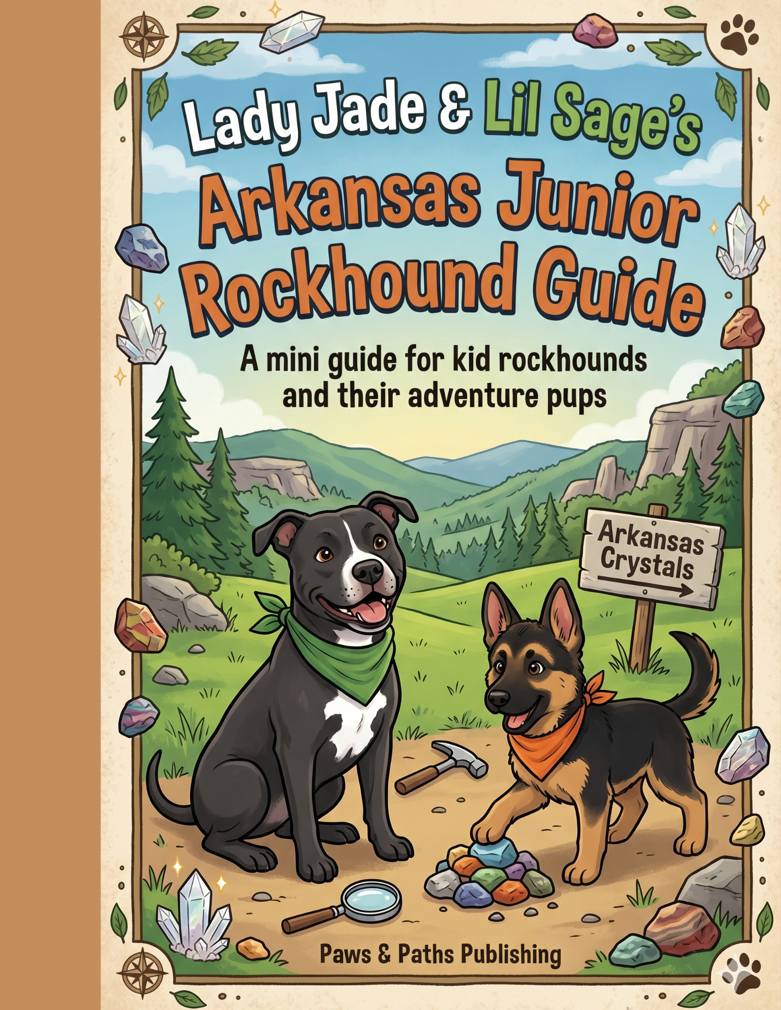 Book cover of 'Arkansas Junior Rockhound Guide' featuring two dogs and a landscape.