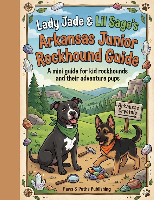 Book cover of 'Arkansas Junior Rockhound Guide' featuring two dogs and a landscape.